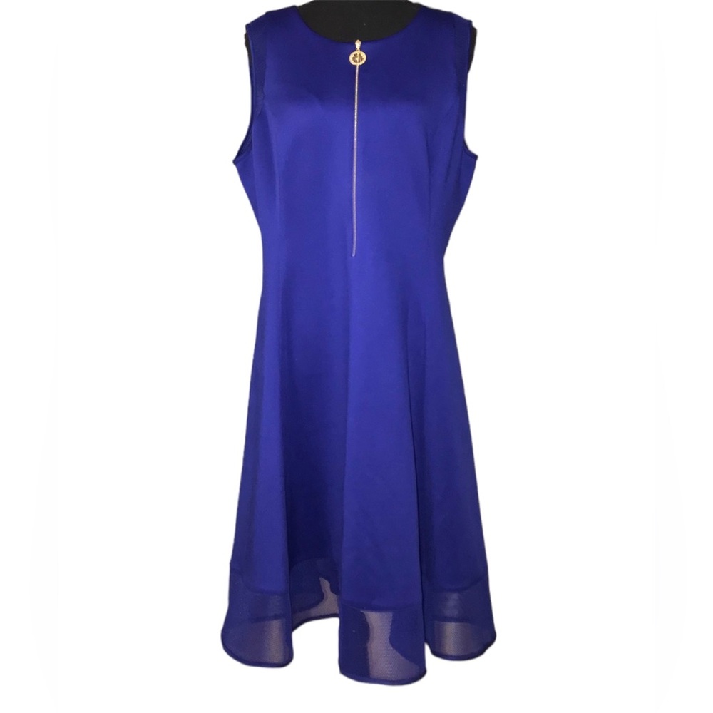 DKNY Sleeveless Cobalt Blue Midi Dress with Gold Zip Accent